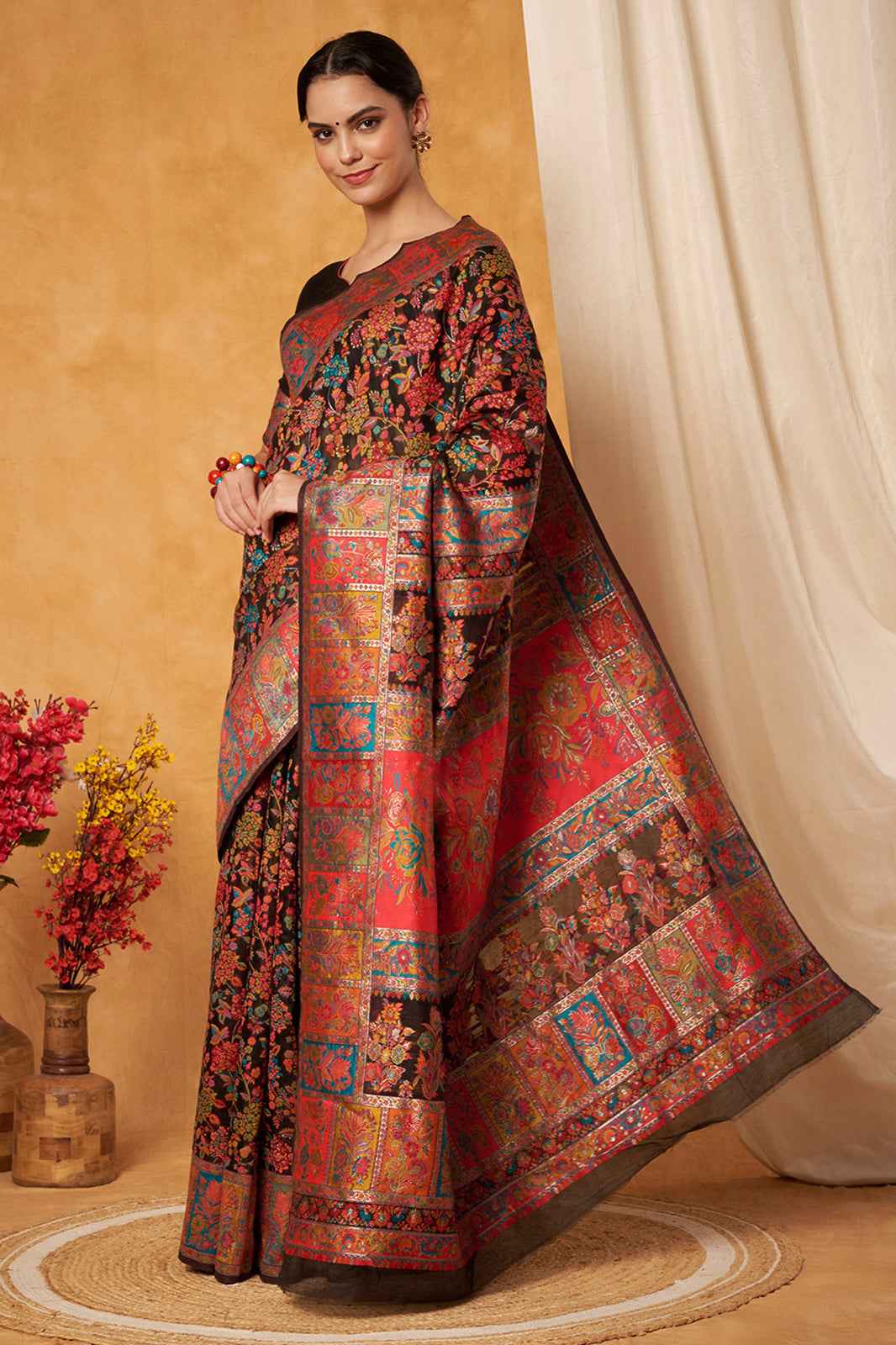 Black Multicolor Woven Kashmiri Jamewar Saree