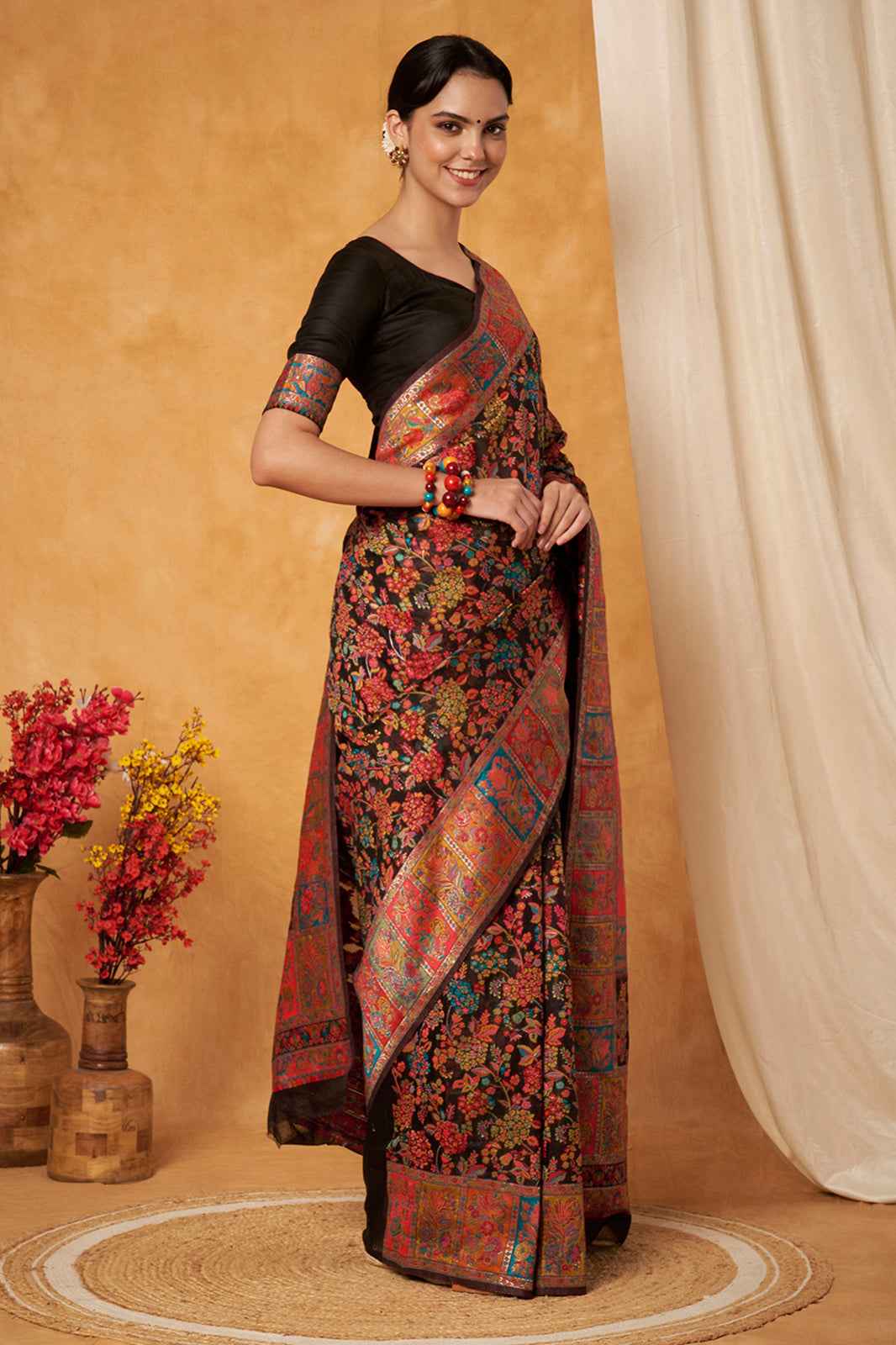 Black Multicolor Woven Kashmiri Jamewar Saree
