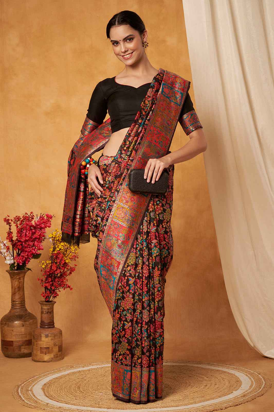 Black Multicolor Woven Kashmiri Jamewar Saree