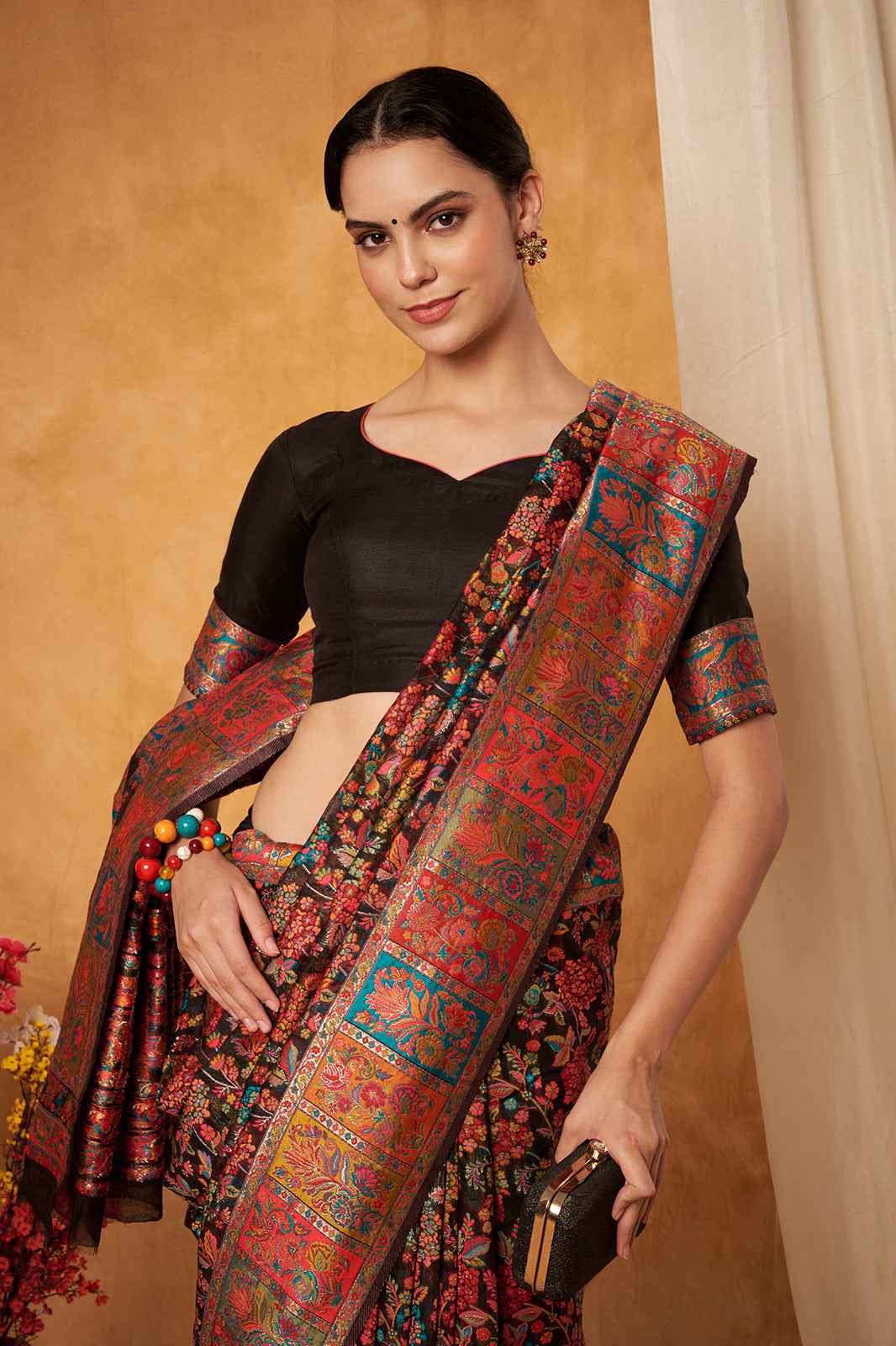 Black Multicolor Woven Kashmiri Jamewar Saree