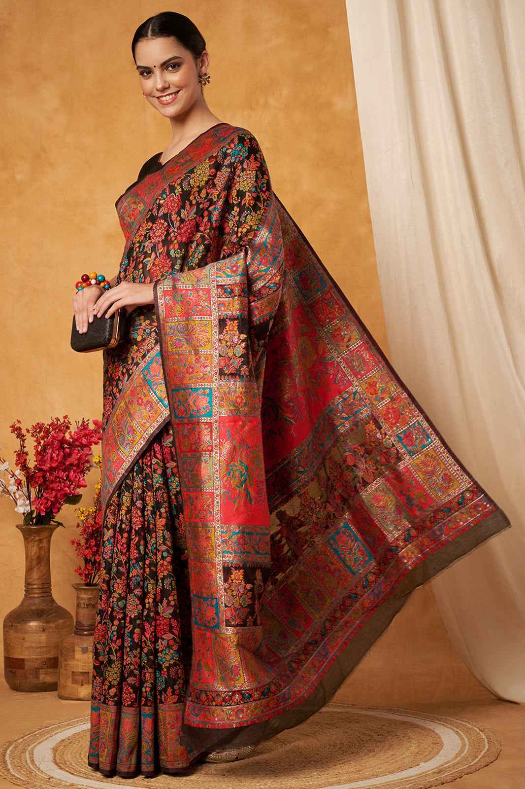 Black Multicolor Woven Kashmiri Jamewar Saree