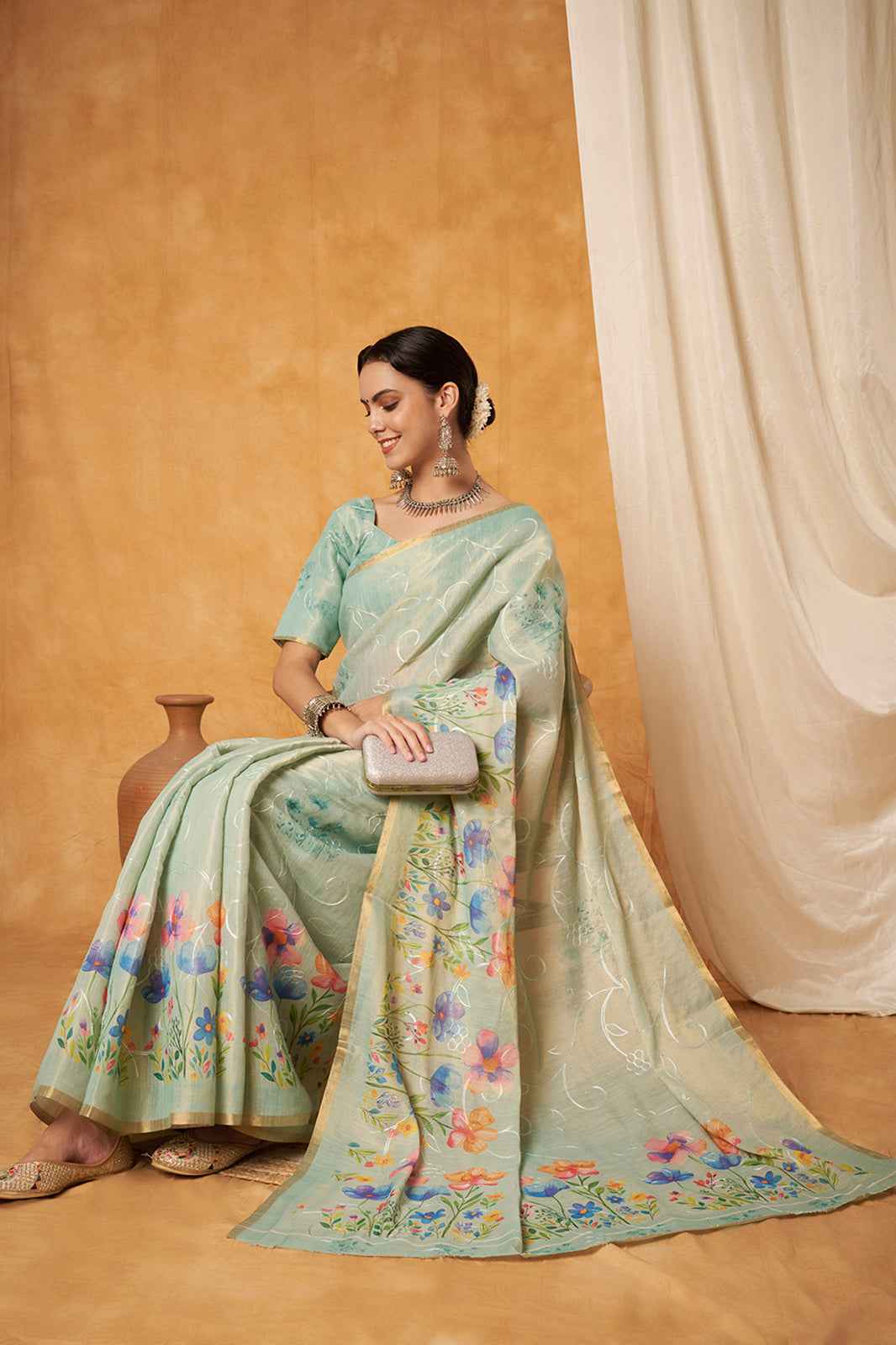 Seafoam Bloom Linen Embroidery Saree