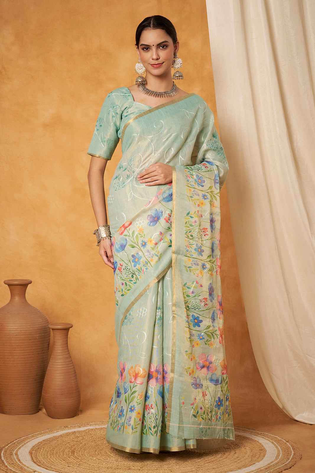Seafoam Bloom Linen Embroidery Saree
