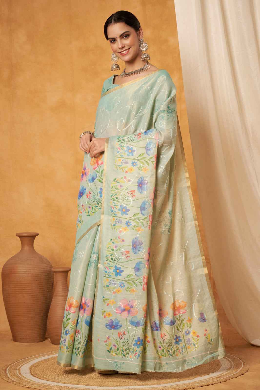 Seafoam Bloom Linen Embroidery Saree