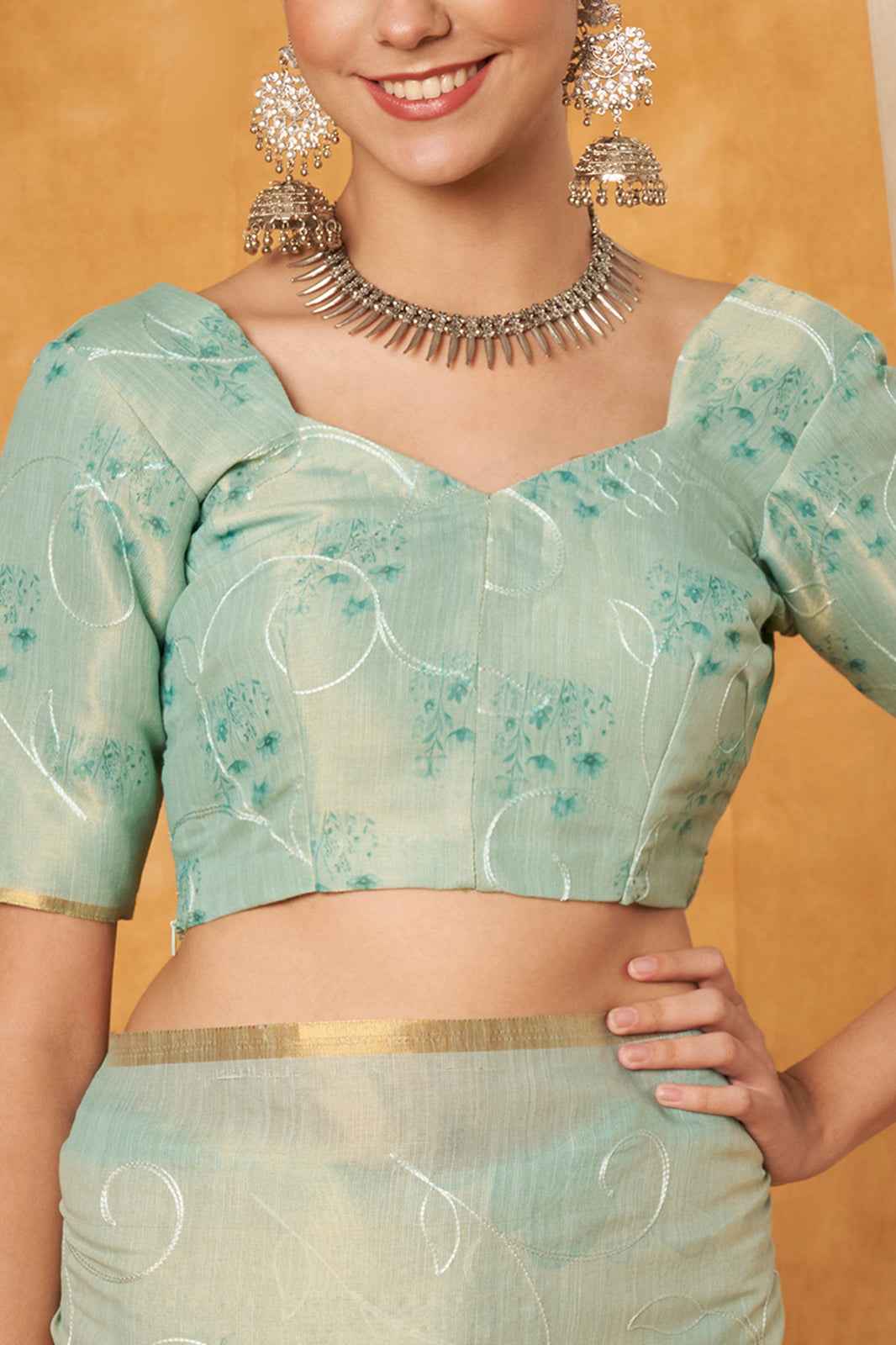 Seafoam Bloom Linen Embroidery Saree