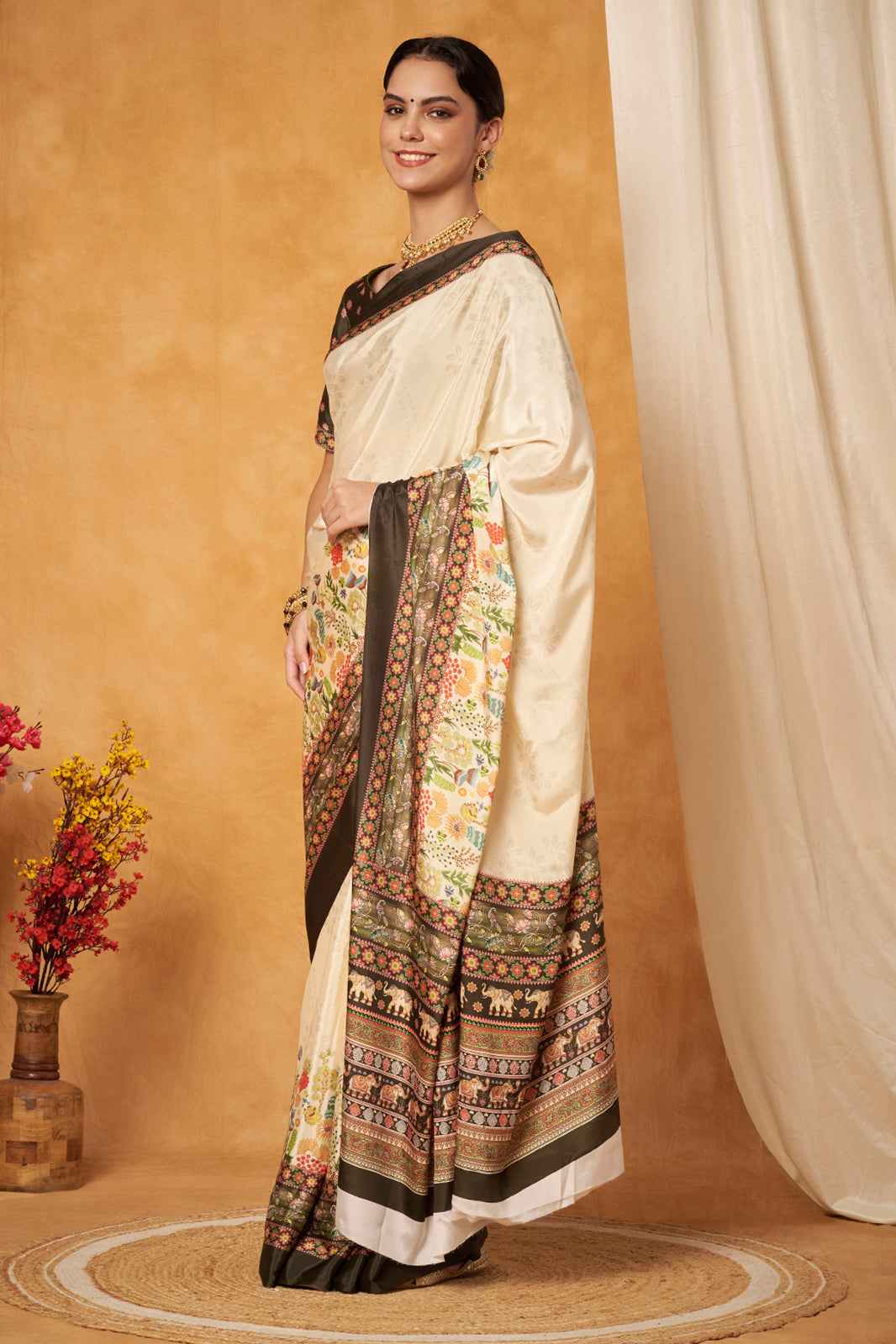 Classic Cream Soft Silk Saree with Elephant Motif Border