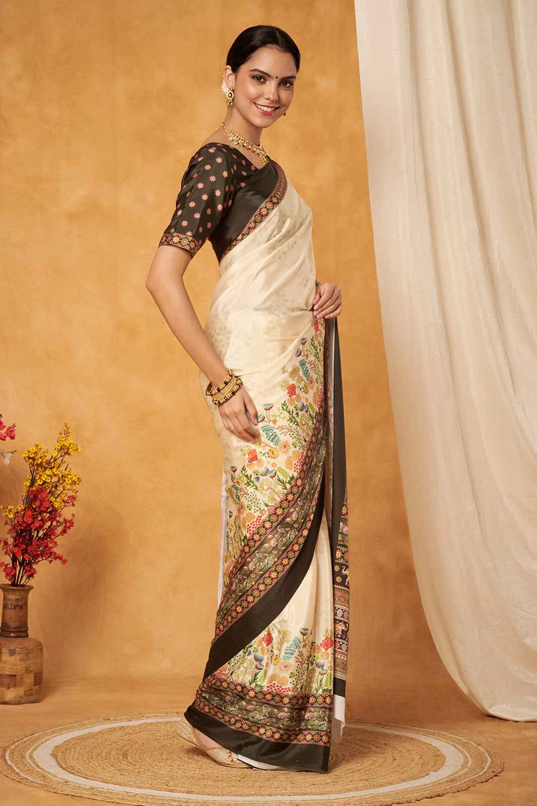 Classic Cream Soft Silk Saree with Elephant Motif Border