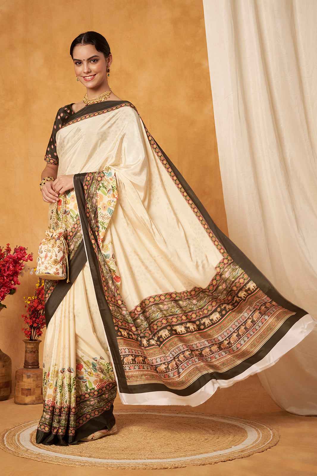 Classic Cream Soft Silk Saree with Elephant Motif Border