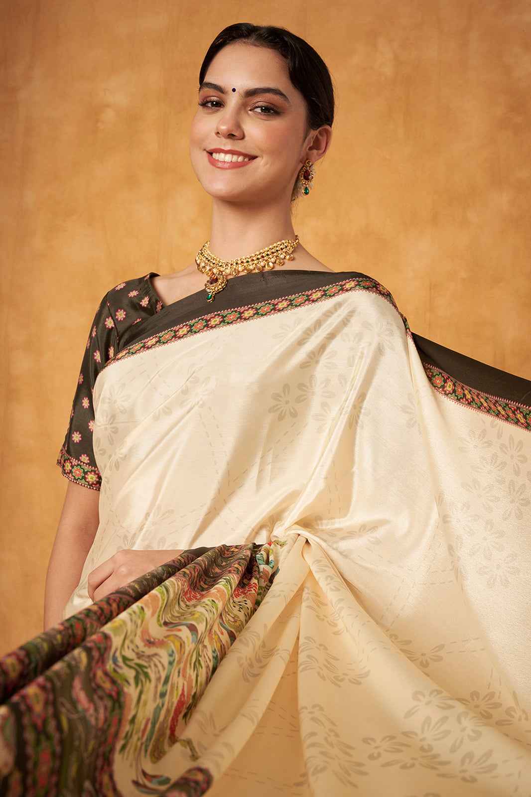 Classic Cream Soft Silk Saree with Elephant Motif Border