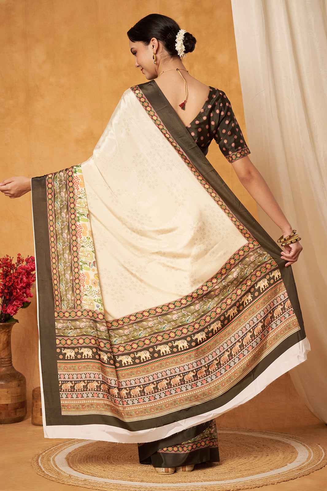 Classic Cream Soft Silk Saree with Elephant Motif Border