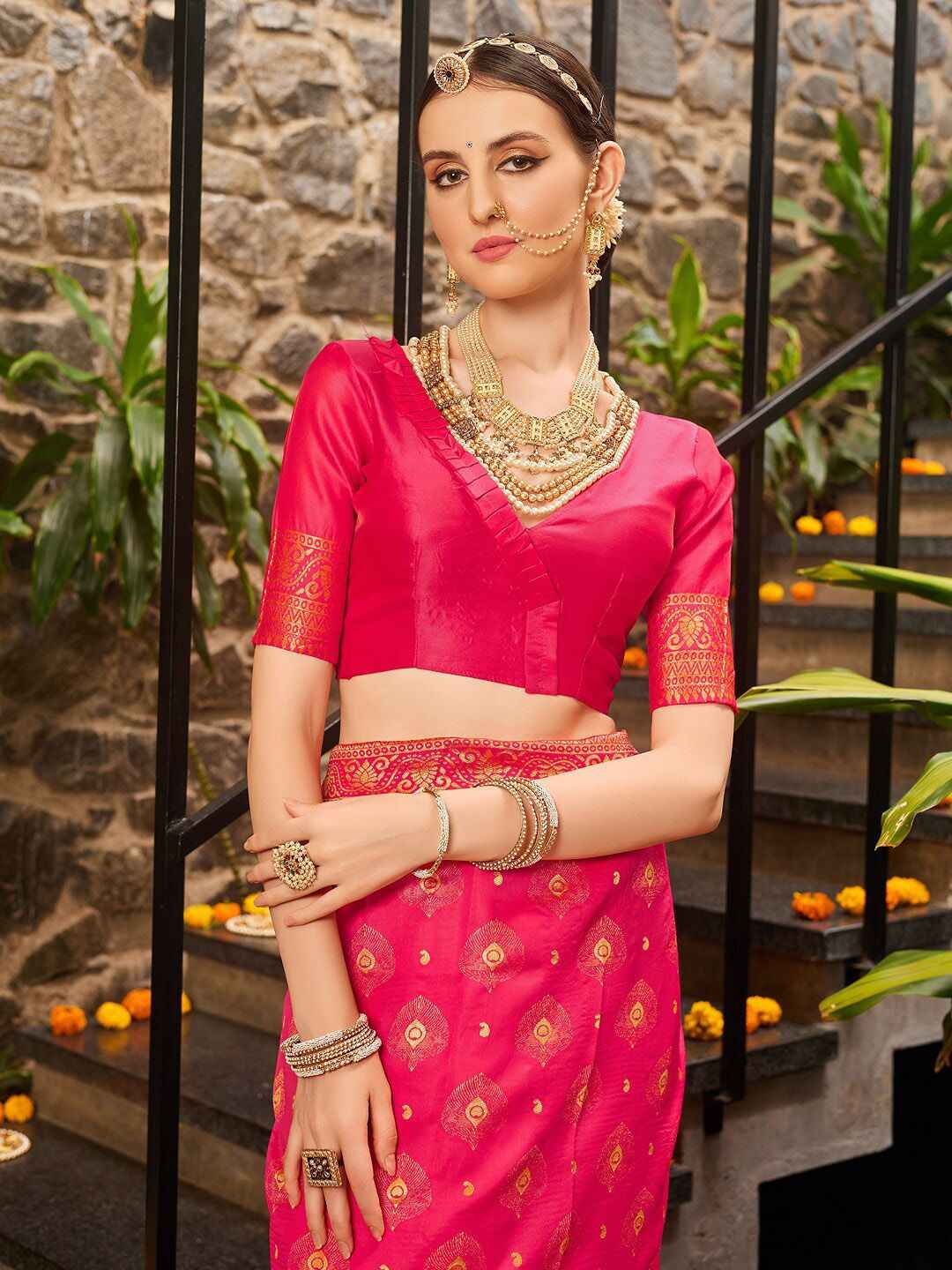 Royal Pink Peacock Paithani Silk Blend Saree