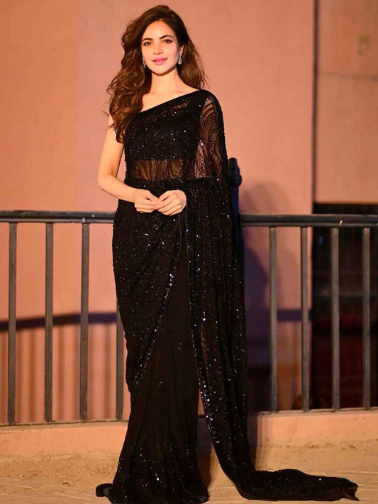 Glam Black Net Saree with Sequins - Elegant Style