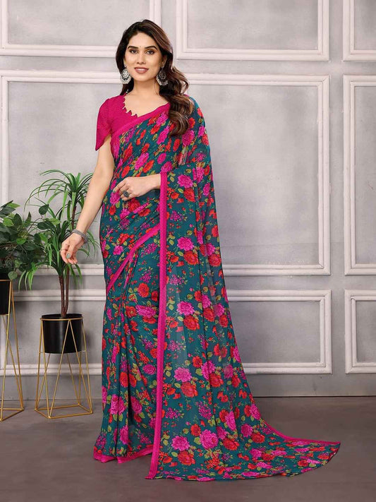Floral Pink & Green Georgette Saree
