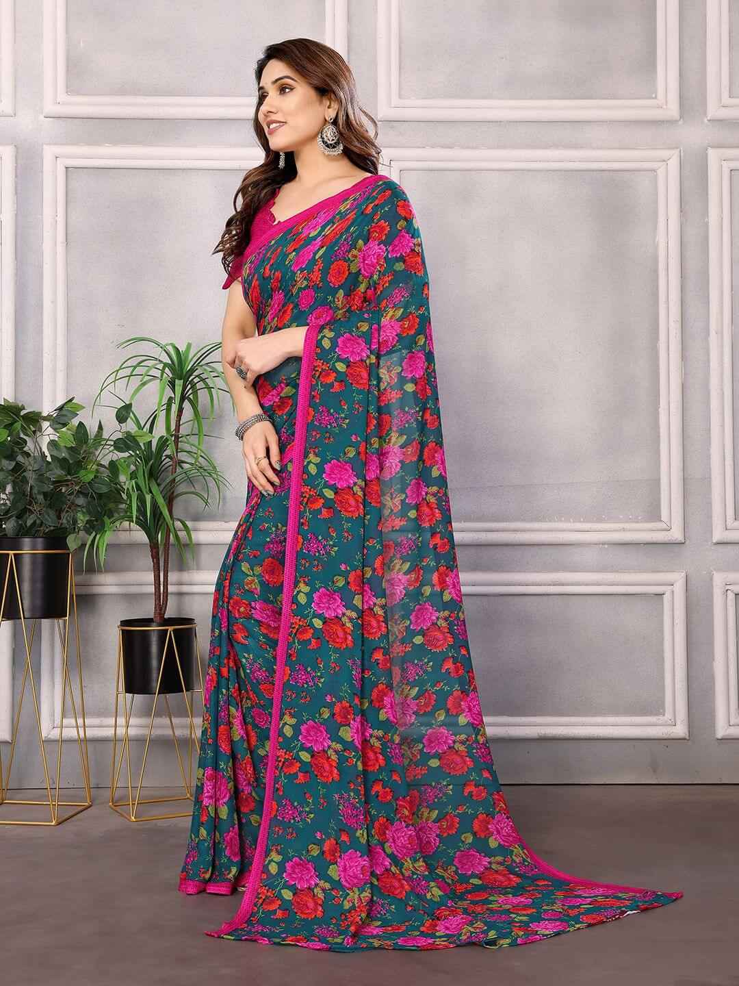 Floral Pink & Green Georgette Saree