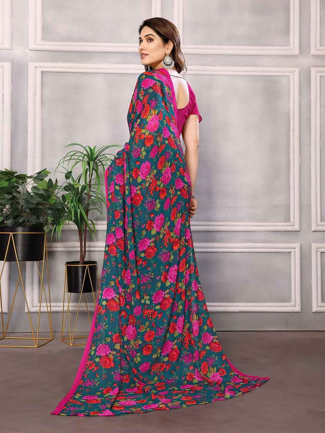 Floral Pink & Green Georgette Saree