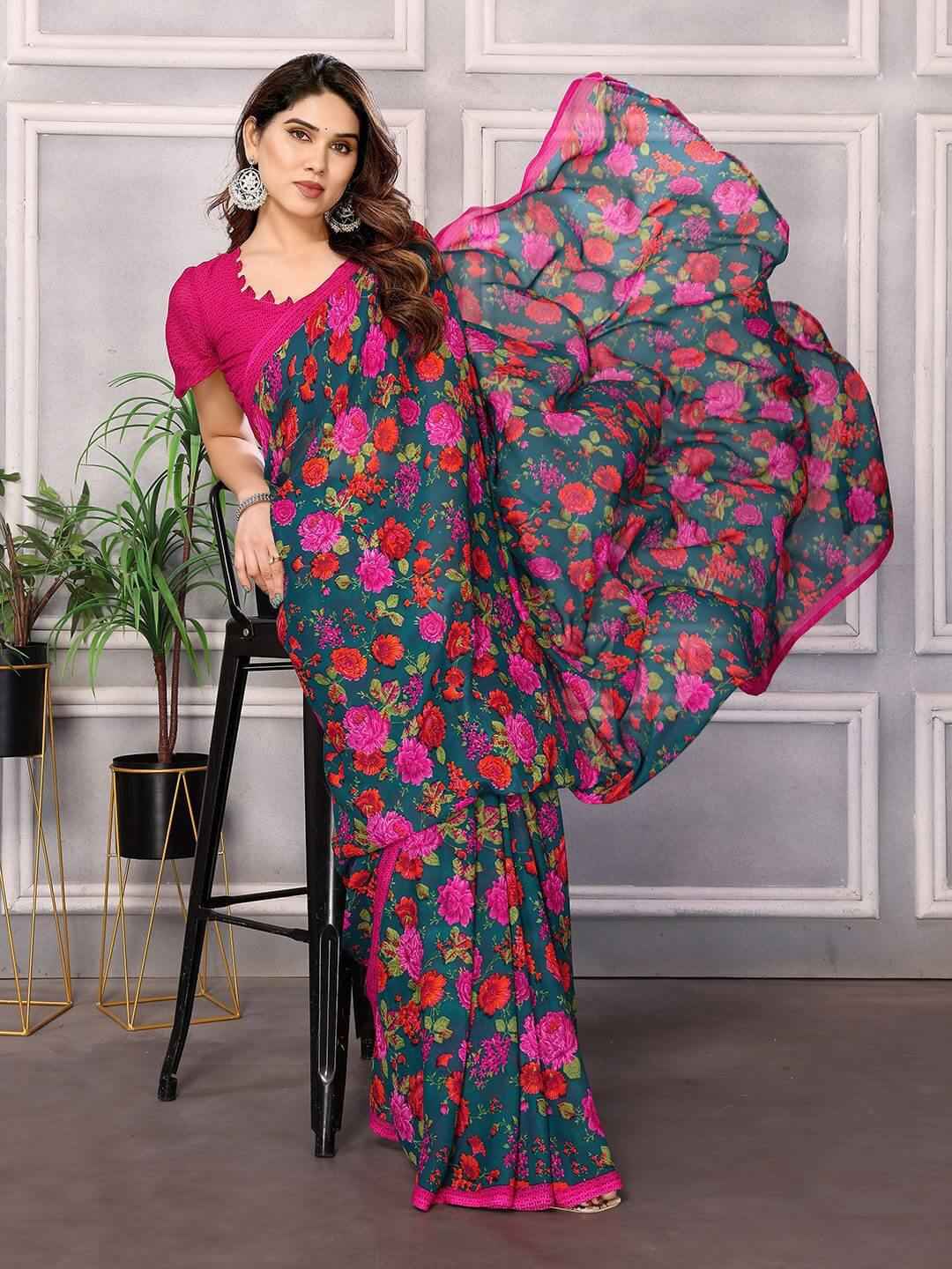 Floral Pink & Green Georgette Saree