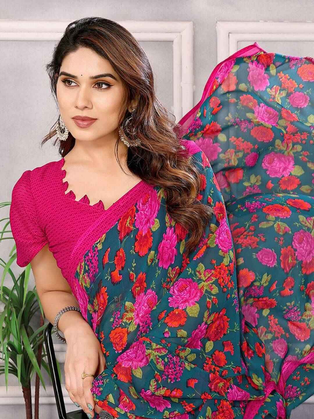 Floral Pink & Green Georgette Saree