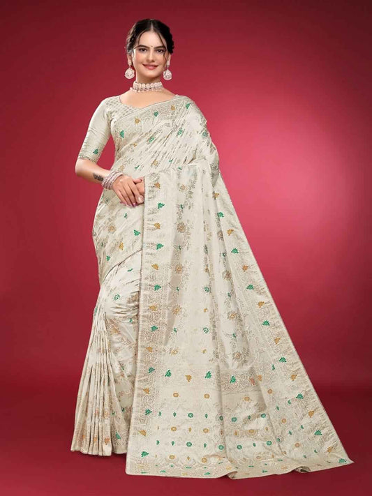 White Banarasi Silk Saree with Gold Zari