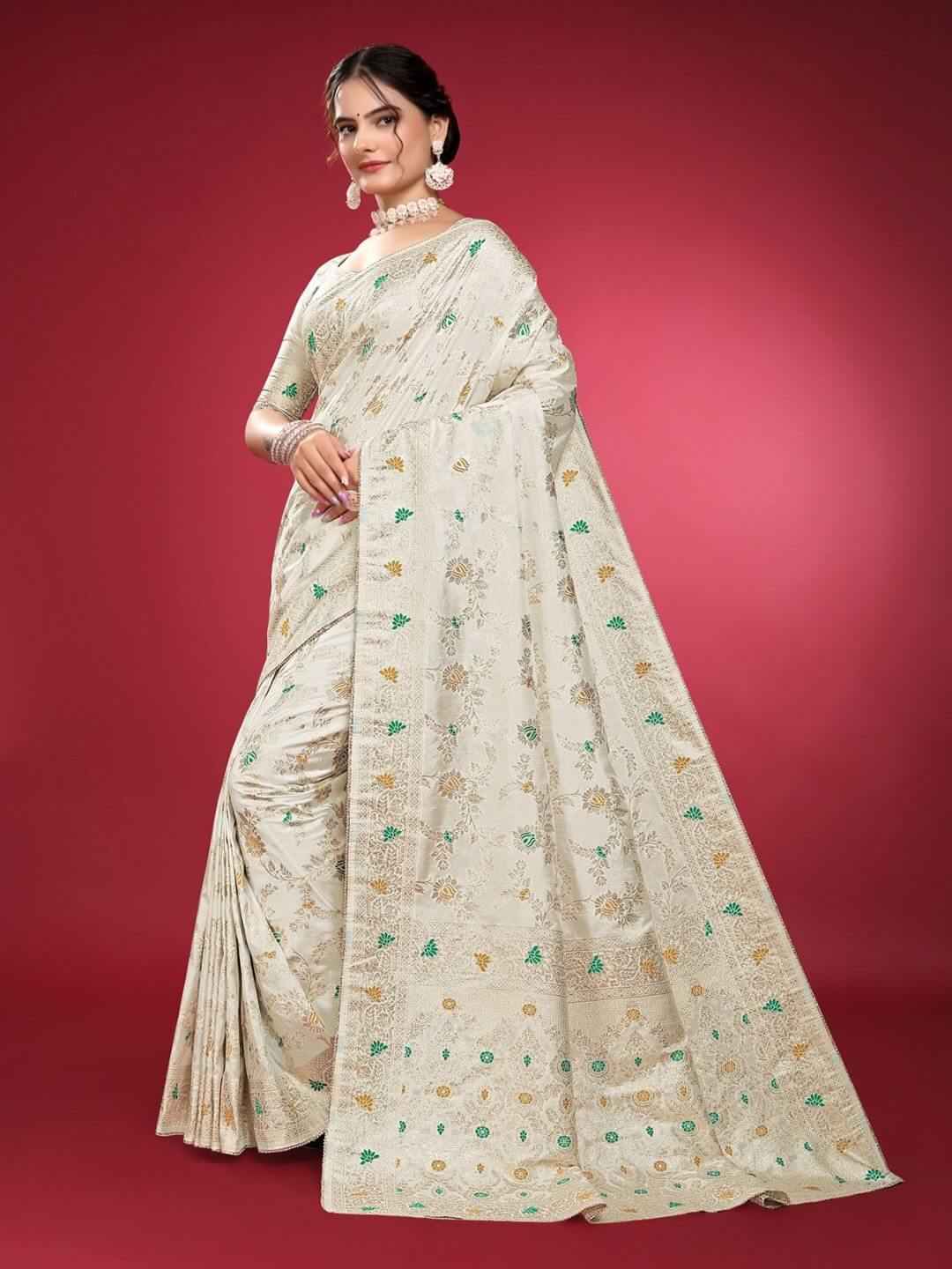 White Banarasi Silk Saree with Gold Zari