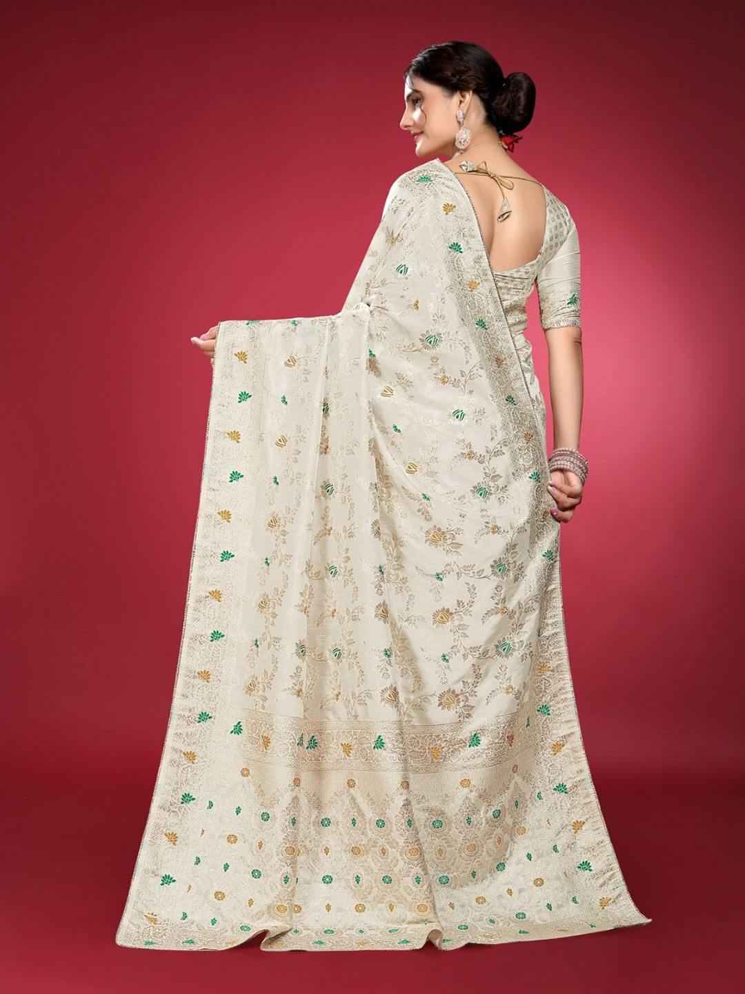 White Banarasi Silk Saree with Gold Zari