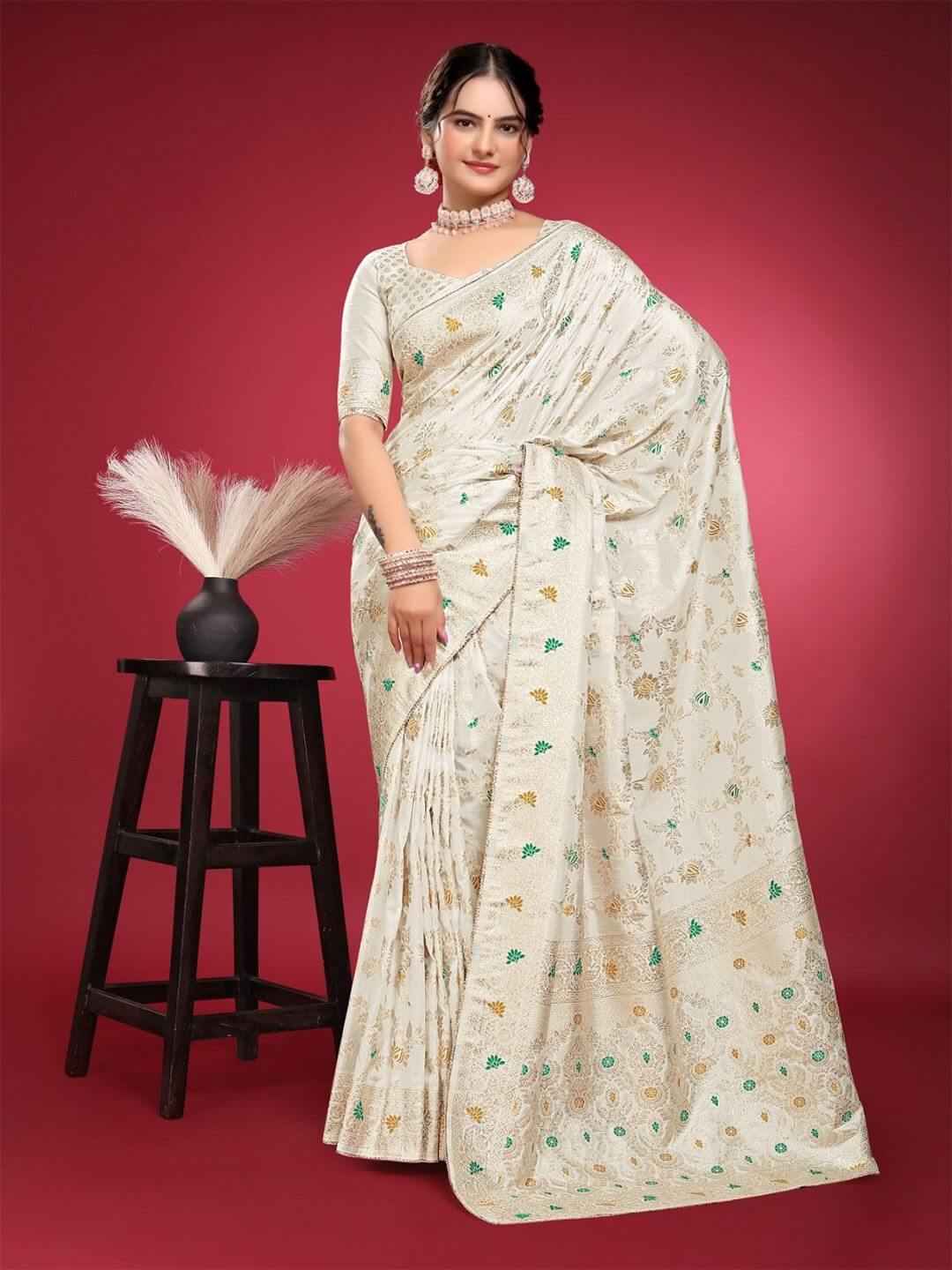 White Banarasi Silk Saree with Gold Zari