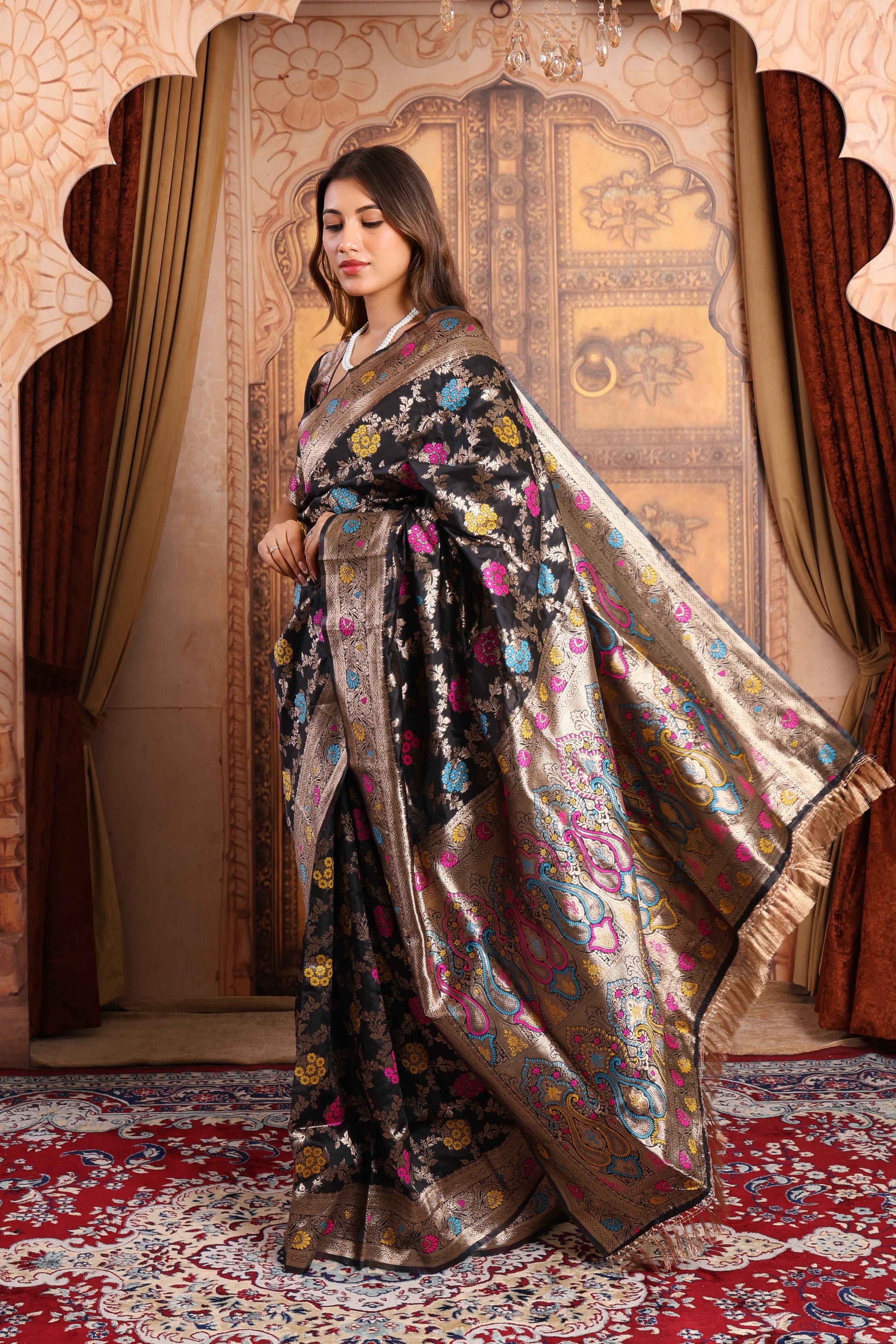 Black Banarasi Silk Saree with Multicolor Buta & Zari Weave