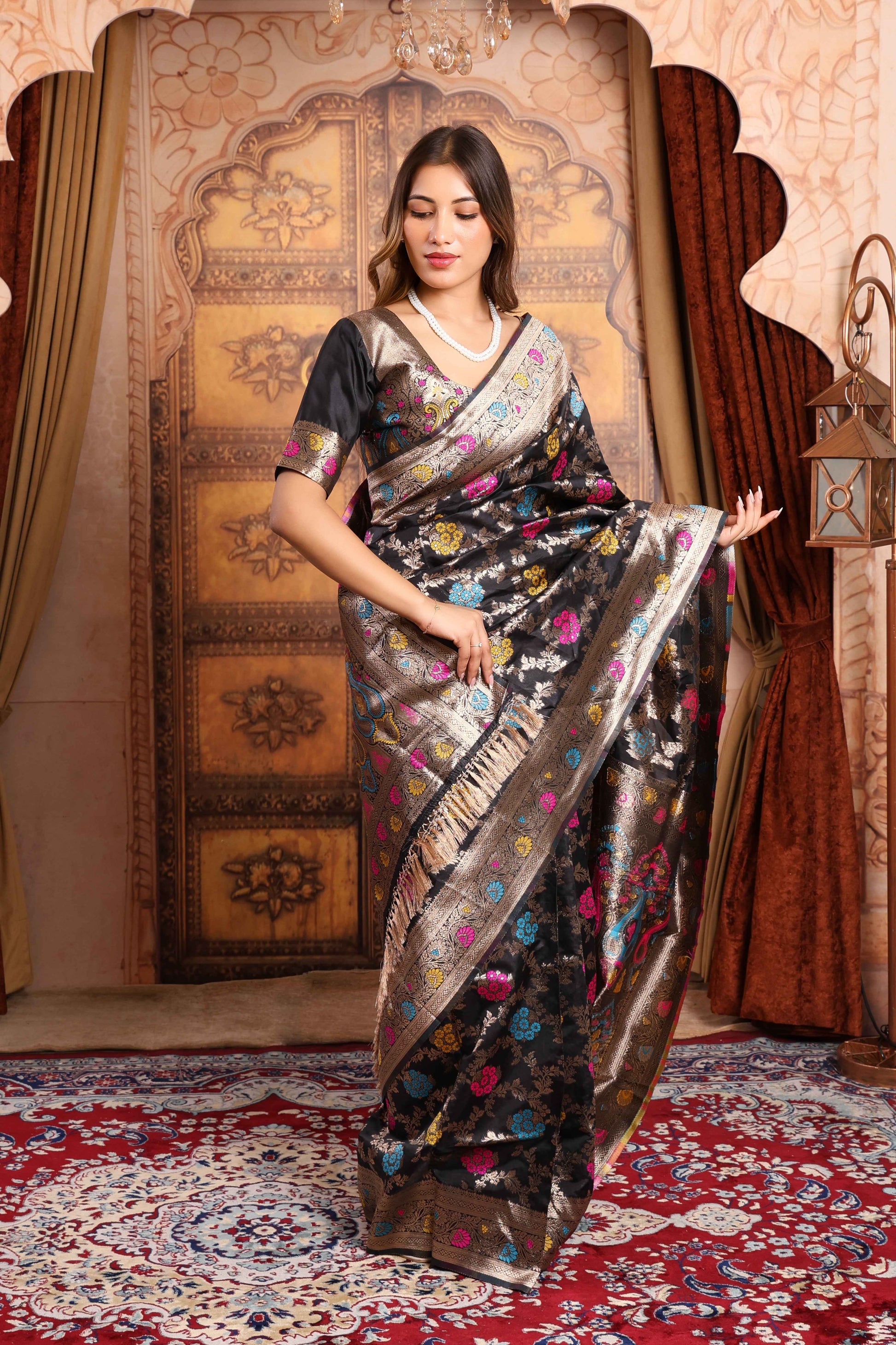 Black Banarasi Silk Saree with Multicolor Buta & Zari Weave