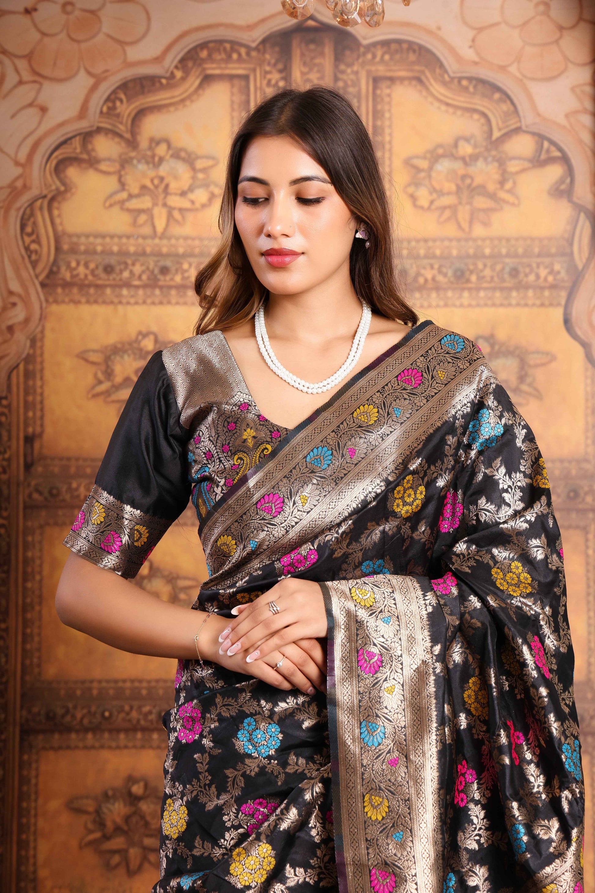 Black Banarasi Silk Saree with Multicolor Buta & Zari Weave
