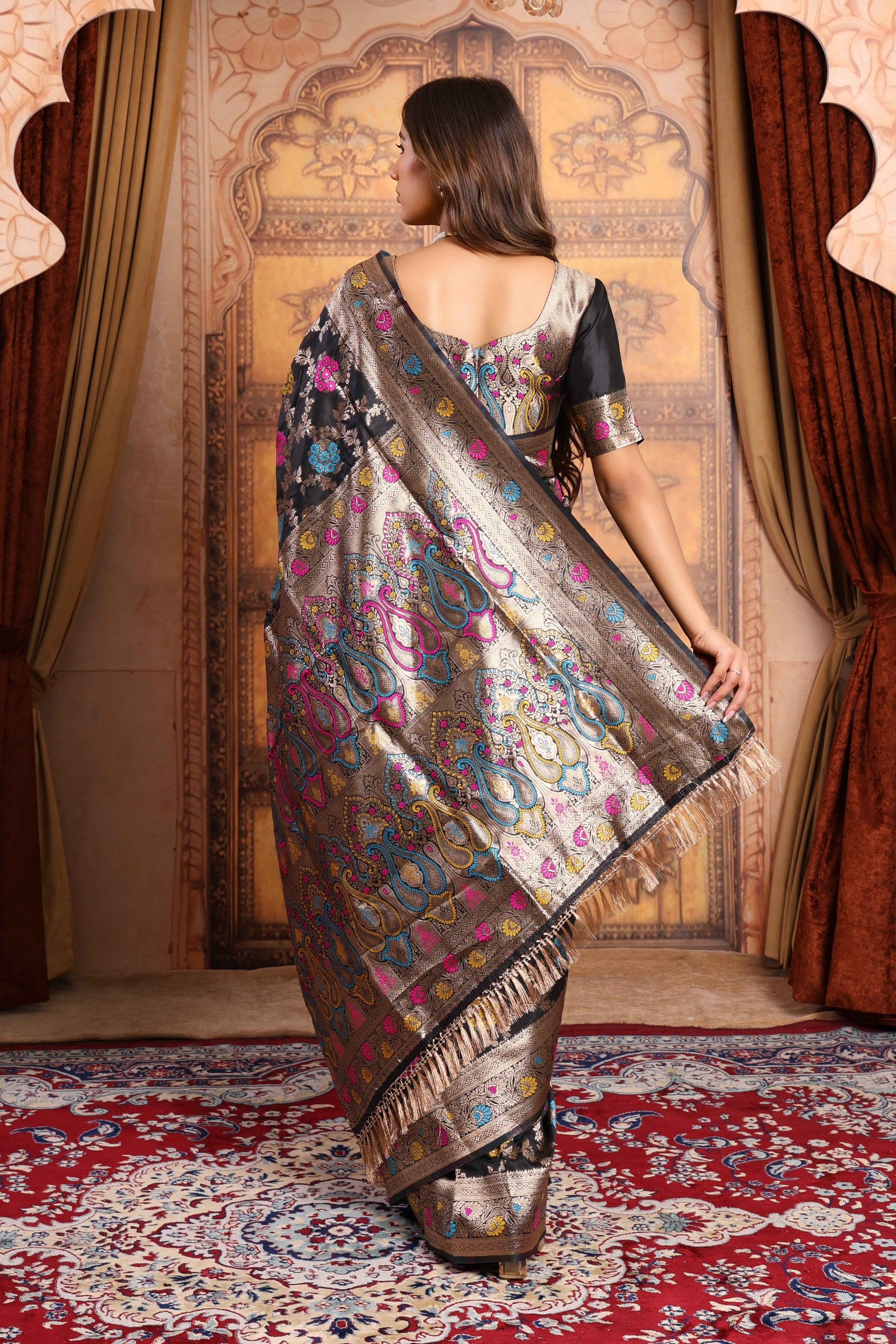 Black Banarasi Silk Saree with Multicolor Buta & Zari Weave
