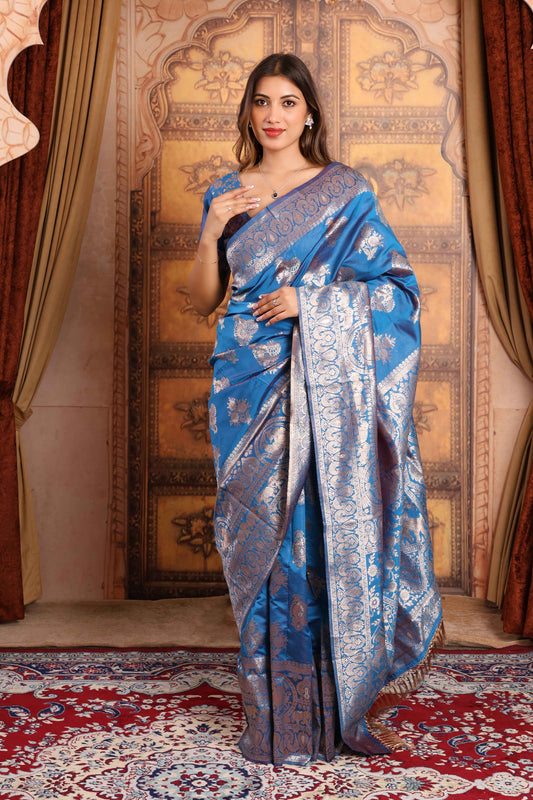 Royal Blue Banarasi Katan Silk Saree with Silver Zari