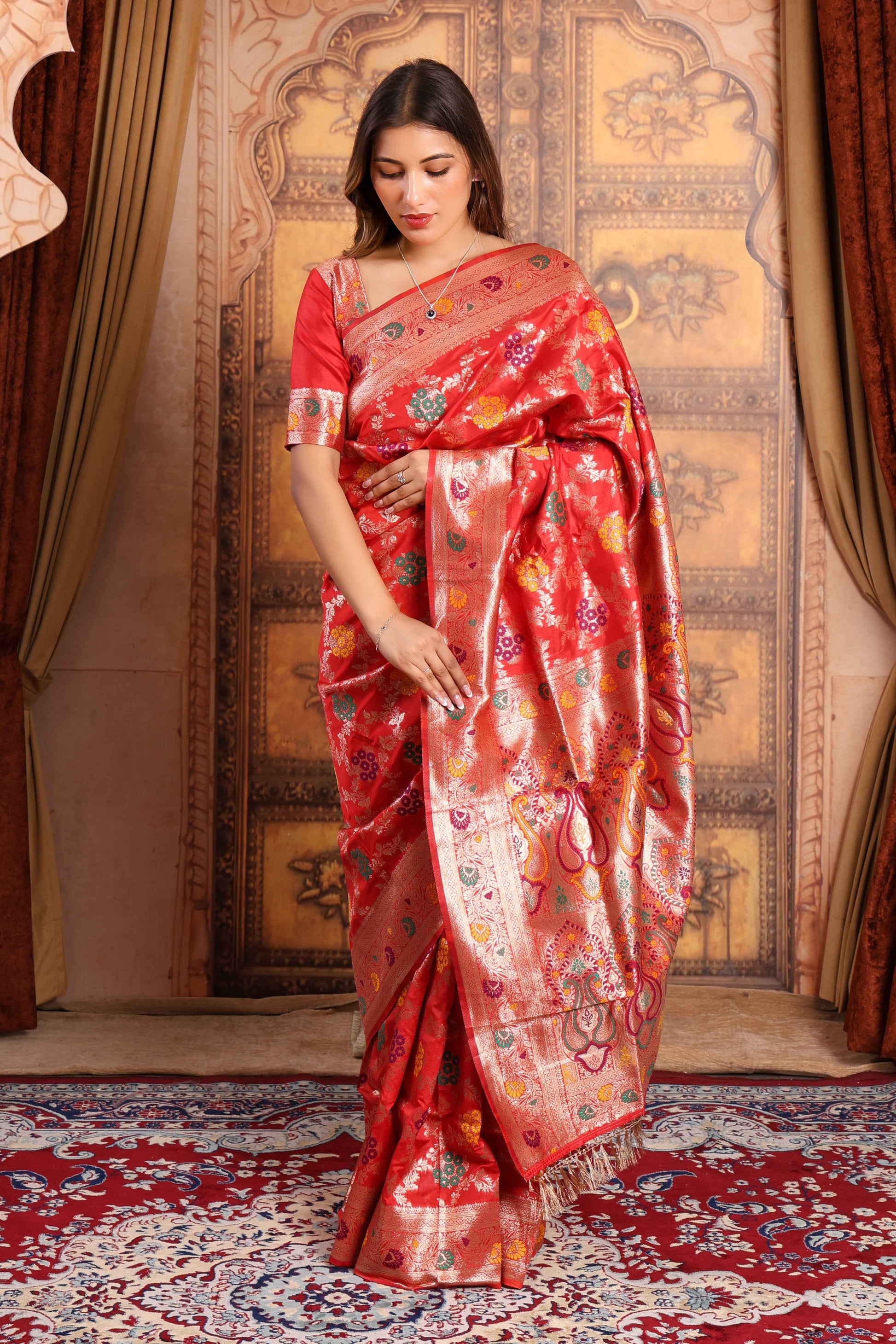 Red Blossom Banarasi Silk Saree