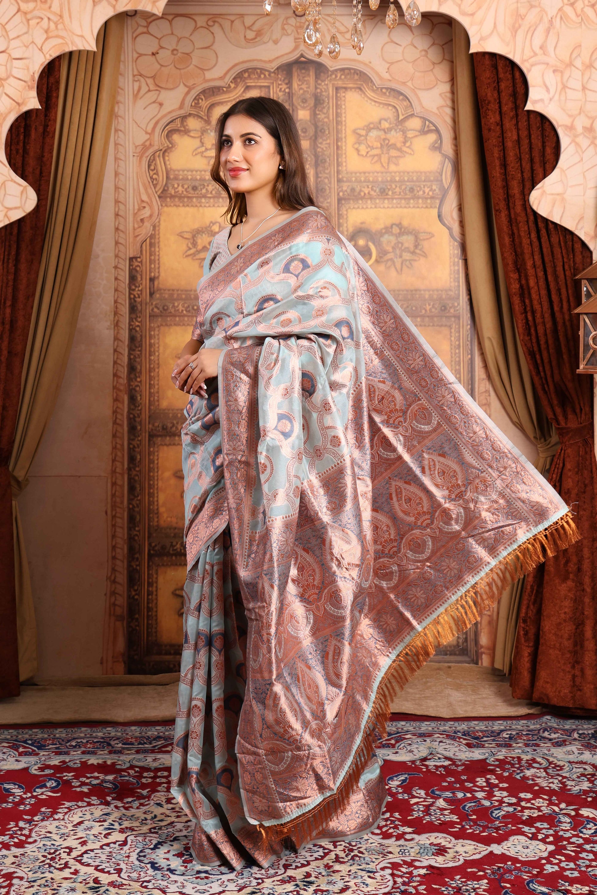 Mint Banarasi Silk Saree with Rose-Gold Zari Weave & Paisley Buta