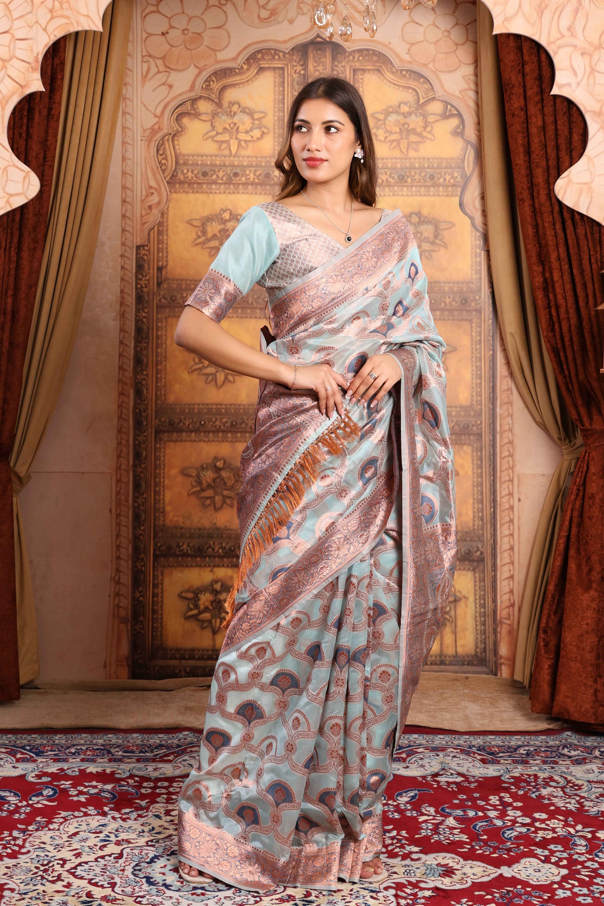Mint Banarasi Silk Saree with Rose-Gold Zari Weave & Paisley Buta