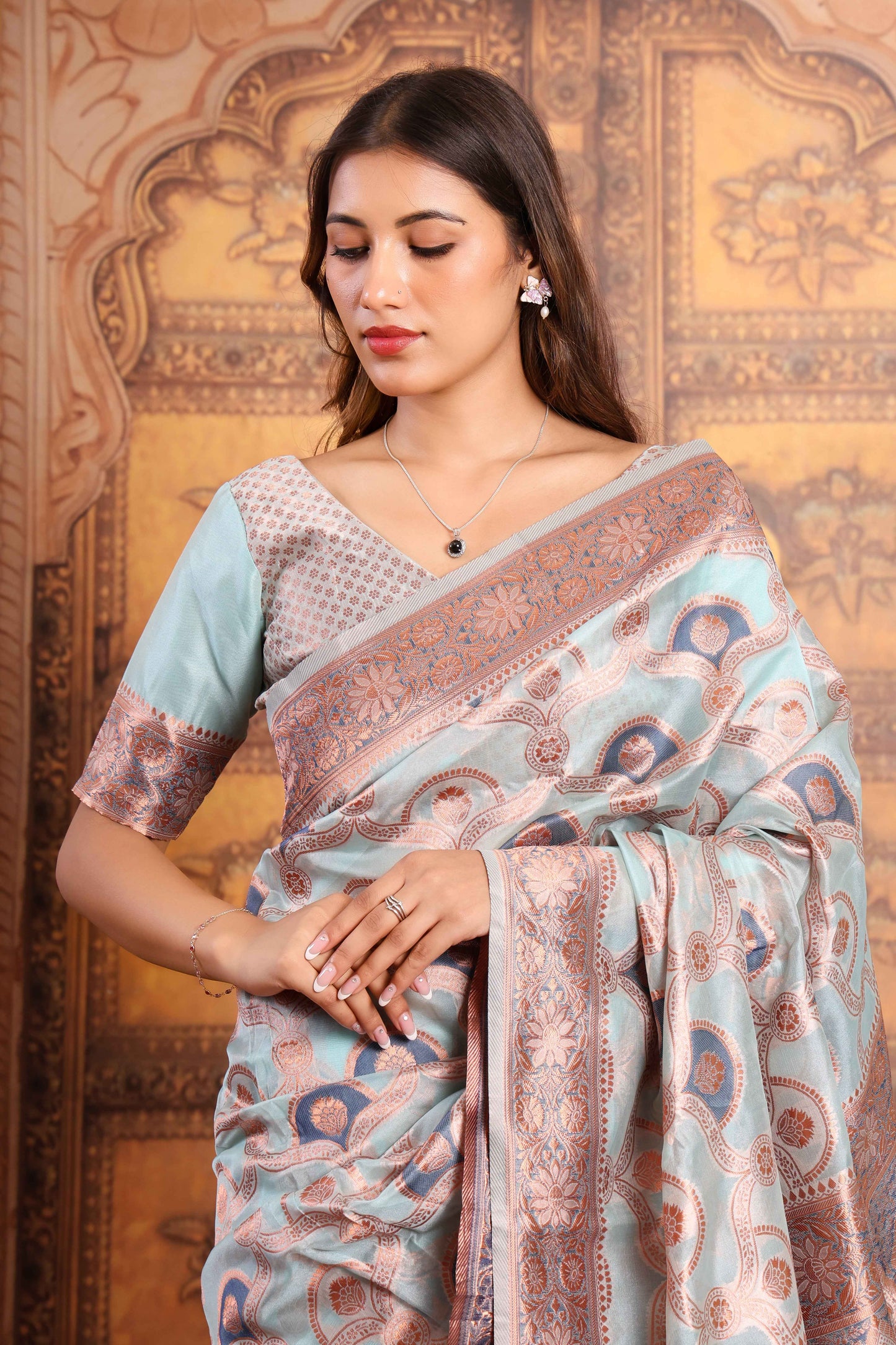 Mint Banarasi Silk Saree with Rose-Gold Zari Weave & Paisley Buta