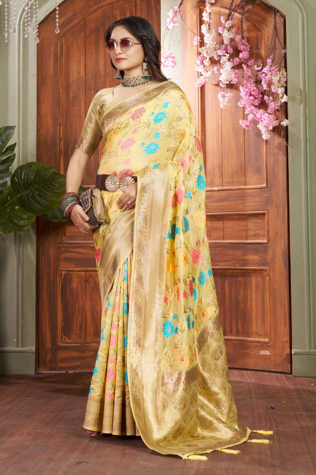 Siroski Bloom Yellow Banarasi Organza Saree