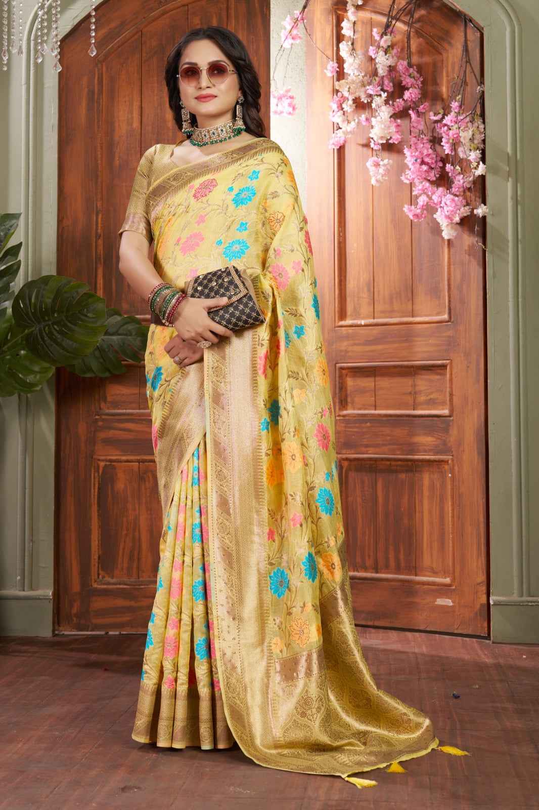 Siroski Bloom Yellow Banarasi Organza Saree