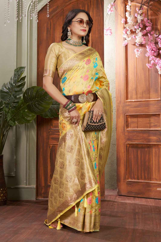 Siroski Bloom Yellow Banarasi Organza Saree