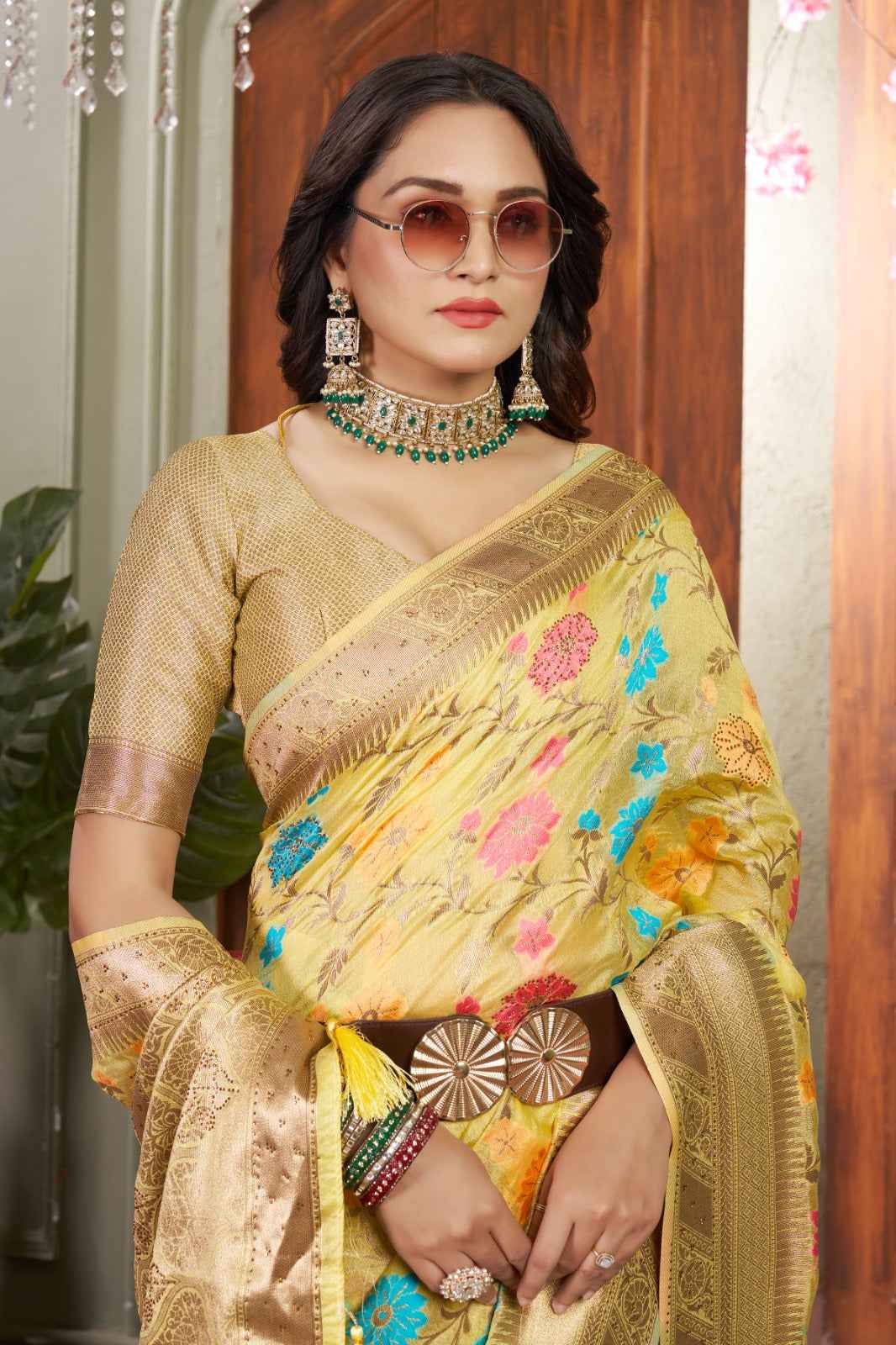Siroski Bloom Yellow Banarasi Organza Saree