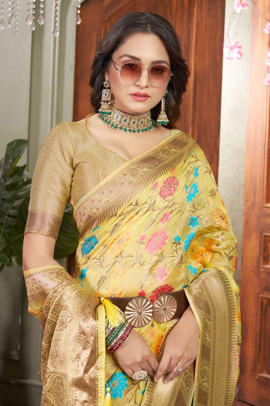Siroski Bloom Yellow Banarasi Organza Saree