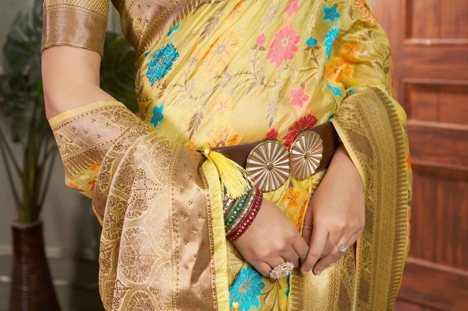 Siroski Bloom Yellow Banarasi Organza Saree