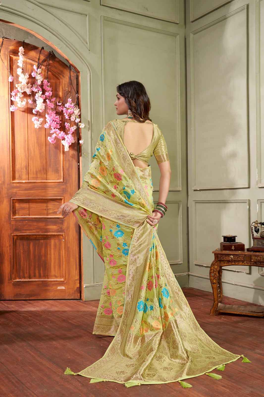 Siroski Bloom Yellow Banarasi Organza Saree