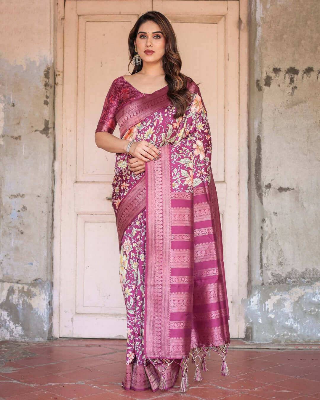 Wine & Rose Gold Banarasi Silk Saree with Intricate Zari Handwoven Design - Sareeze