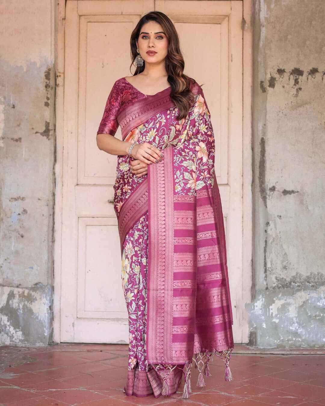 Wine & Rose Gold Banarasi Silk Saree with Intricate Zari Handwoven Design