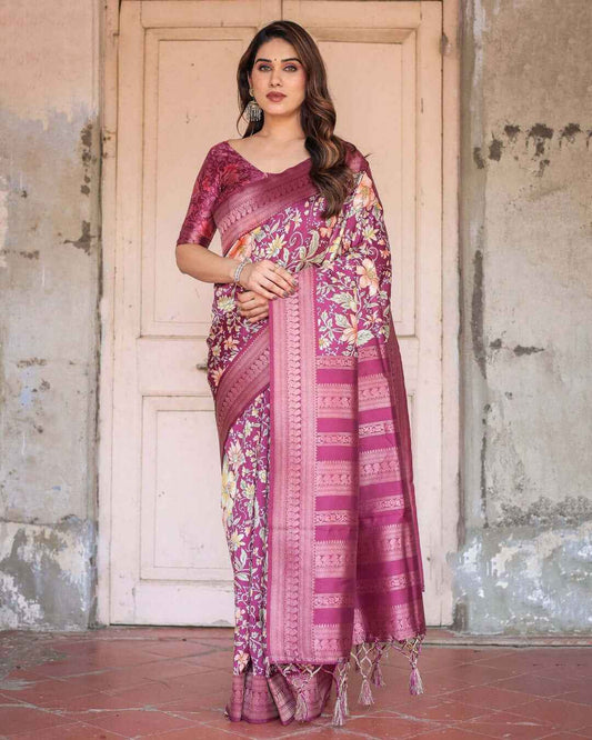 Wine & Rose Gold Banarasi Silk Saree with Intricate Zari Handwoven Design