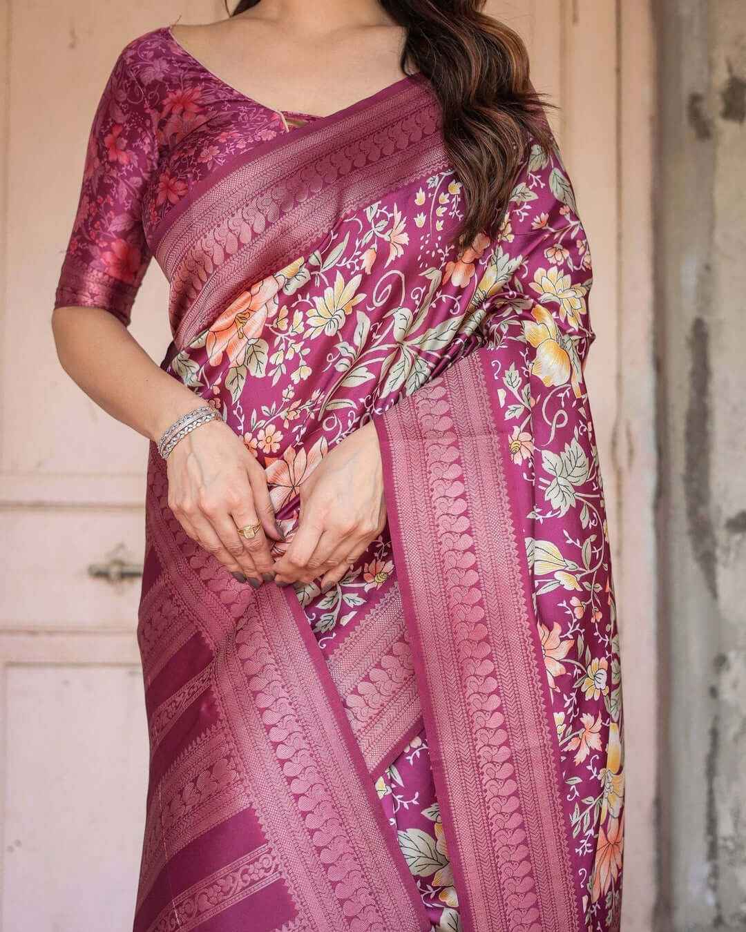 Wine & Rose Gold Banarasi Silk Saree with Intricate Zari Handwoven Design