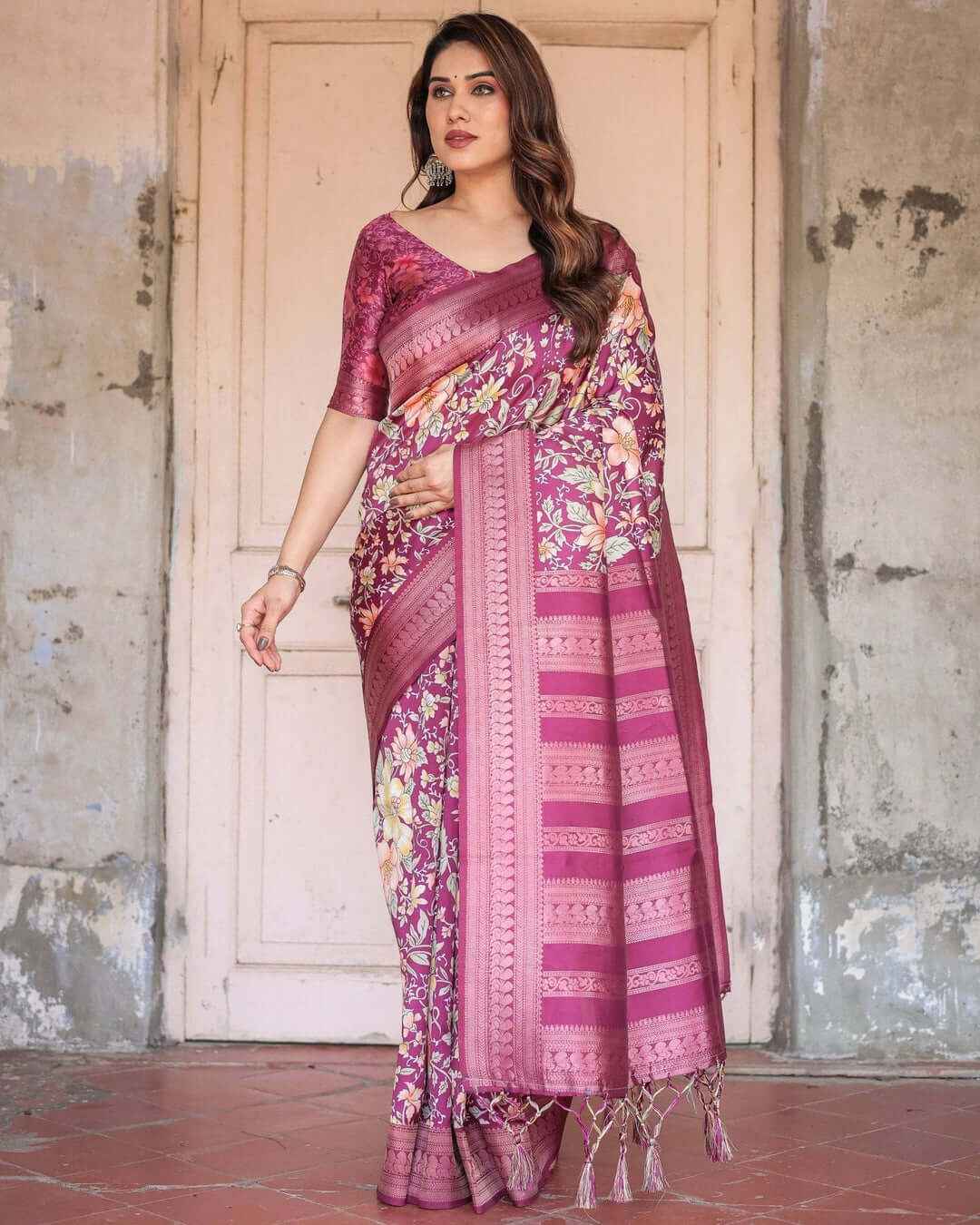 Wine & Rose Gold Banarasi Silk Saree with Intricate Zari Handwoven Design