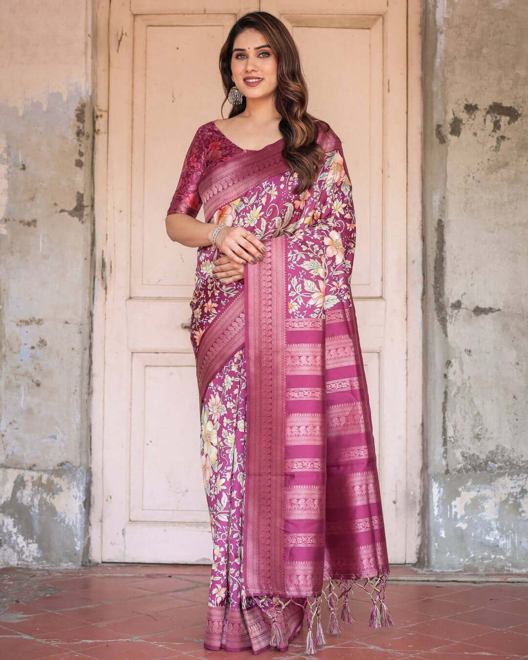 Wine & Rose Gold Banarasi Silk Saree with Intricate Zari Handwoven Design - Sareeze