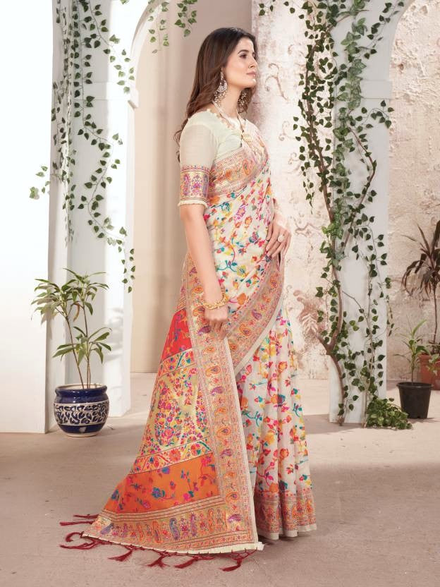 Noor-e-Kashmir Pashmina Silk Saree - Elegant White Ethnic Wear for Special Occasions - Sareeze