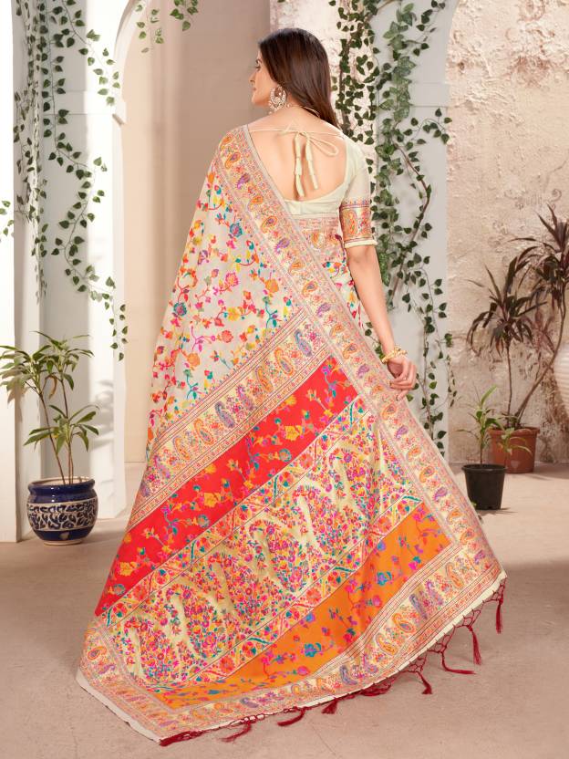 Noor-e-Kashmir Pashmina Silk Saree - Elegant White Ethnic Wear for Special Occasions - Sareeze