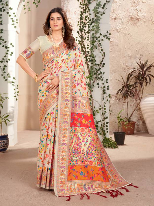 Noor-e-Kashmir Pashmina Silk Saree - Elegant White Ethnic Wear for Special Occasions - Sareeze